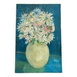 Tableau / huile sur toile nature morte bouquet coloré années 50