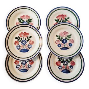 Lot de 6 Assiettes Apéritives Rustiques en Porcelaine HBCM Mulhouse Motif Printemps avec bord relevé