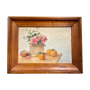 Tableau ancien, nature morte aux roses et oranges,  signée circa 1950