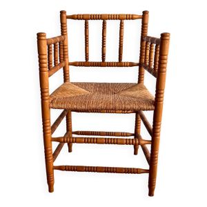 Chaise hollandaise antique à bobines avec assise en paille
