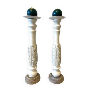 Paire de Bougeoirs Flambeaux Chandeliers Bois Tourné Sculpté Blanchi Déco Art