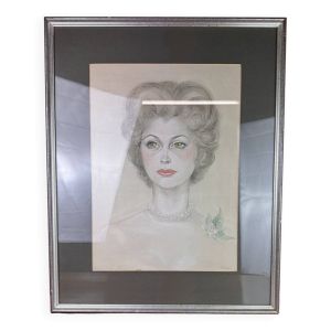 Maria Elisabeth Wrede : superbe dessin colorisé vers 1950  la femme au collier de perles