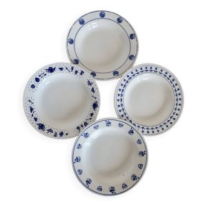 4 assiettes creuses en faïence dépareillées bleue et blanche - Lot Margot