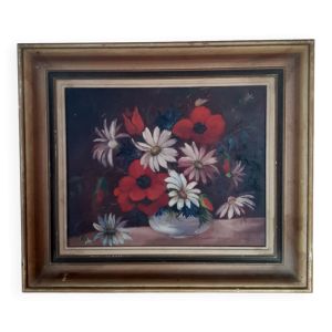 Tableau bouquet de coquelicots bleuets et marguerites