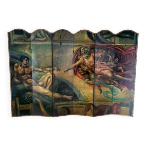 Rare paravent Art déco peint à la main dans le style de Michel-Ange