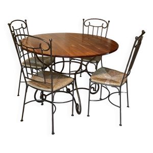 Table et quatre chaises fer forgé et bois