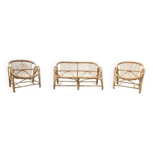 Salon en rotin deux fauteuils et une banquette vintage 1950s