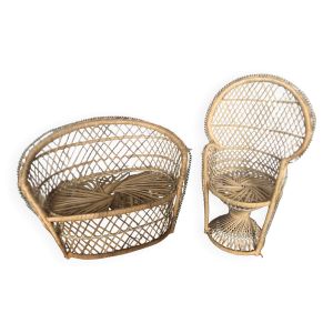 Lot ancien canapé + fauteuil style emmanuelle osier tressé poupée vintage