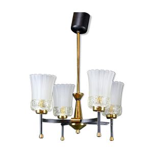 Lustre en laiton noir et verre, Maison Arlus