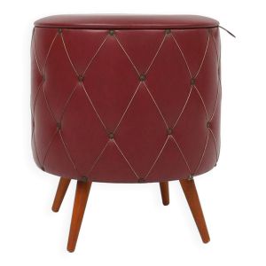 Pouf vintage avec rangement en simili cuir rouge foncé, France ca. 1950