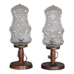 paire de lampe vintage, lampe de chevet, lampe globe verre, pied bois, déco