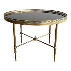 Table basse ronde en laiton et plateau de verre laqué noir de la Maison Jansen