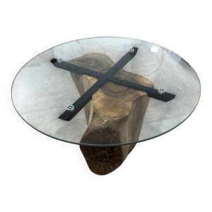 Table basse design en hêtre massif & verre – Pièce unique – Ø70 cm