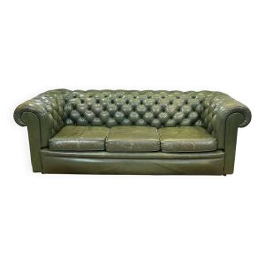 Canapé Chesterfield en cuir vert 3 places des années 1970