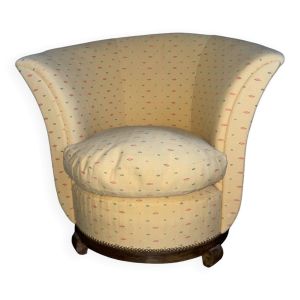 Fauteuil, crapaud, tapissier, ameublement jaune à motifs et bois