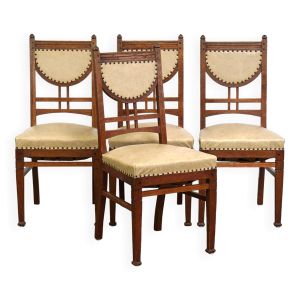 Ensemble de 4 chaises en bois et  en skaï clair style Jugendstil, Art Nouveau