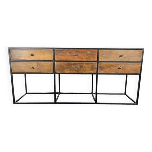 Console en bois ancien avec piètement en métal noir et 6 tiroirs