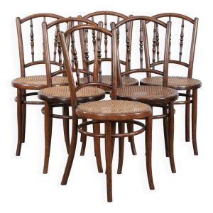 Magnifique ensemble de 6 chaises de bistrot vintage en bois de Jacob & Josef Kohn Wien avec assise en rotin