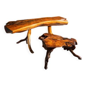 Ensemble (2) vieilles tables en tronc d'arbre