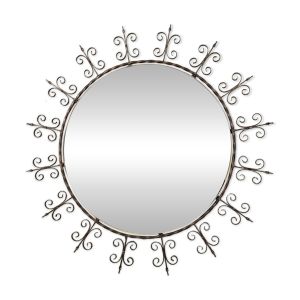 Grand miroir mural rond en fer forgé des années 1960