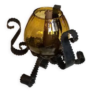 Bougeoir photophore fer forgé et globe en verre ambré vintage