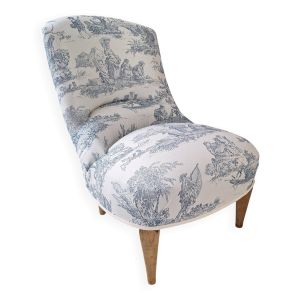 Fauteuil crapaud toile de Jouy bleu