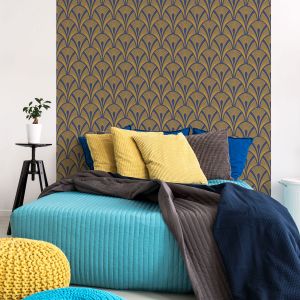 Papier peint pr&eacute;encoll&eacute; scandinave art d&eacute;co bleu fonc&eacute; H300 x...