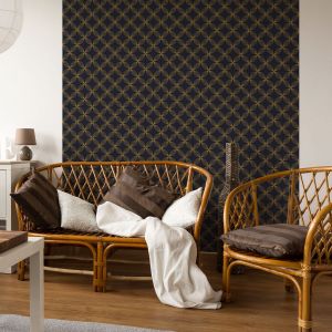 Papier peint pr&eacute;encoll&eacute; r&eacute;tro ornements bleu fonc&eacute; et jaune...