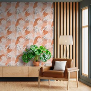 Papier peint préencollé art moderne feuilles de Monstera orange...