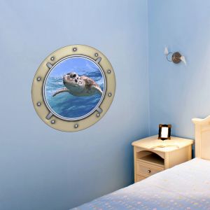 Sticker trompe l'oeil Tortue de mer dans hublot
