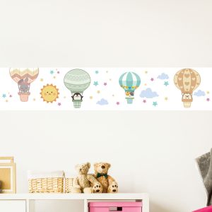 Stickers frise chambre enfant animaux en montgolfi&egrave;res