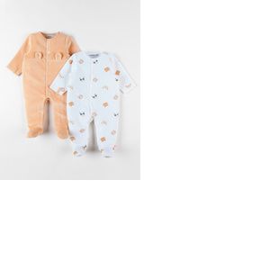 Set de 2 pyjamas 1 pièce en velours, écru/abricot