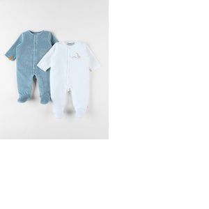 Set de 2 pyjamas 1 pièce, bleu moyen/écru