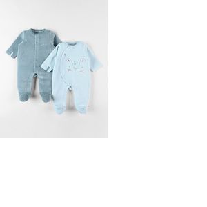 Set de 2 pyjamas 1 pièce en velours, bleu ciel/sauge