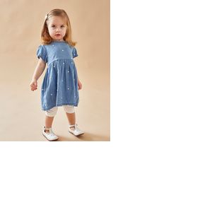 Set robe denim &agrave; pois + legging, bleu/&eacute;cru