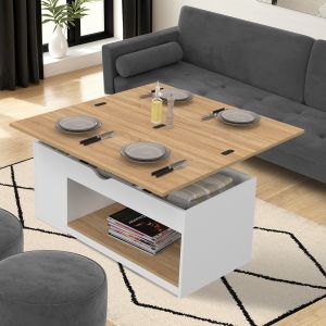 Table basse plateau relevable rectangulaire convertible en table &agrave; manger 100 cm bois blanc et fa&ccedil;on h&ecirc;tre