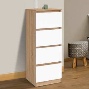 Meuble d'appoint 4 tiroirs TOMI 30 cm chiffonnier bois fa&ccedil;on h&ecirc;tre et blanc pour entr&eacute;e salle de bain