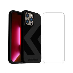 Coque Back Market iPhone 13 Pro et &eacute;cran de protection - Plastique recycl&eacute; - Noir (Chevron) - Reconditionn&eacute;