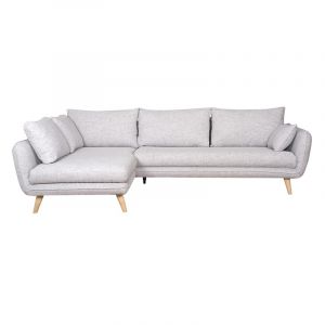 Canap&eacute; d'angle gauche 5 places en tissu gris clair chin&eacute; et bois clair creep