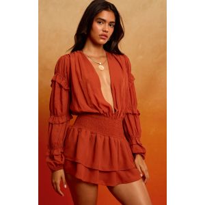 Mini robe en mousseline de soie rouille froncée à volants, Rouille - Taille 36