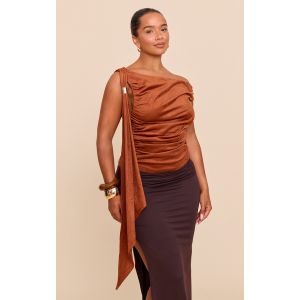 Shape Top en suédine rouille à épaule dénudée et empiècement doré, Rouille - Taille 40