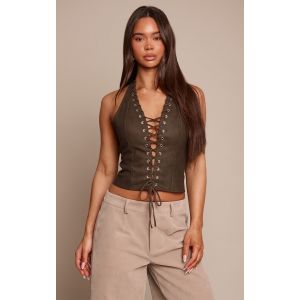 Femme Corset en PU vert olive d&eacute;lav&eacute; &agrave; dos nu et lacets | Taille 38 - Taille 38