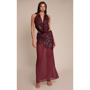 Femme Jupe longue en mousseline de soie rouge vin &agrave; taille basse et paillettes en fleurs | Taille 38 - Taille 38