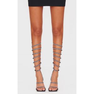 Sandales carrées en PU noir à bride strassée en spirale et talon aiguille moyen, Noir - Taille 37