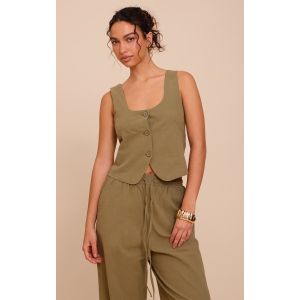 Gilet de tailleur ajusté en effet lin kaki à col rond, Kaki - Taille 34