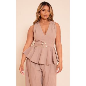 Shape Top péplum en effet lin café au lait à ceinture et empiècement doré, Café au Lait - Taille 34