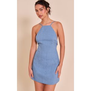 Mini robe trapèze tissée bleu acier à dos nu, Bleu acier - Taille 32