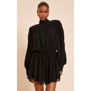 Robe droite structurée en mousseline de soie noire à manches longues, Noir - Taille 38