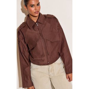 Chocolat Trench Détail Cropped Fermeture éclair Up Veste, Chocolat - Taille S