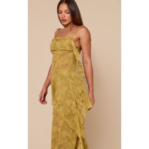 Femme Tall Débardeur en mousseline de soie chartreuse imprimé abstrait à volants | Taille 32 - Taille 32